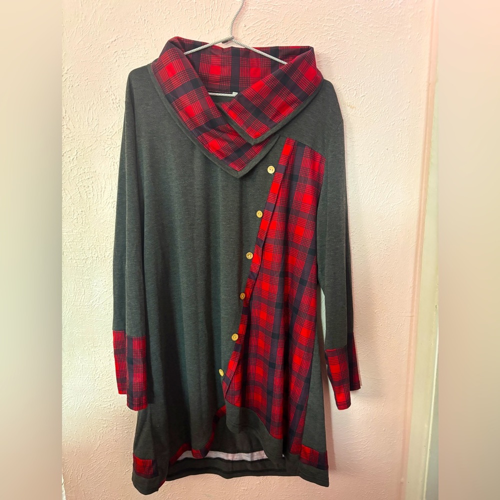 Plaid Cowl Neck Dress with Button Detail